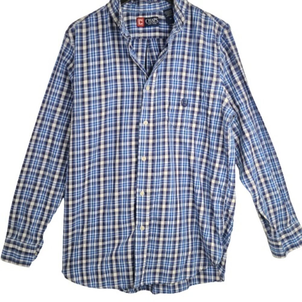 Chaps Button Up Shirt Mens M Blue Check Plaid Cotton Blend Easy Care Twill